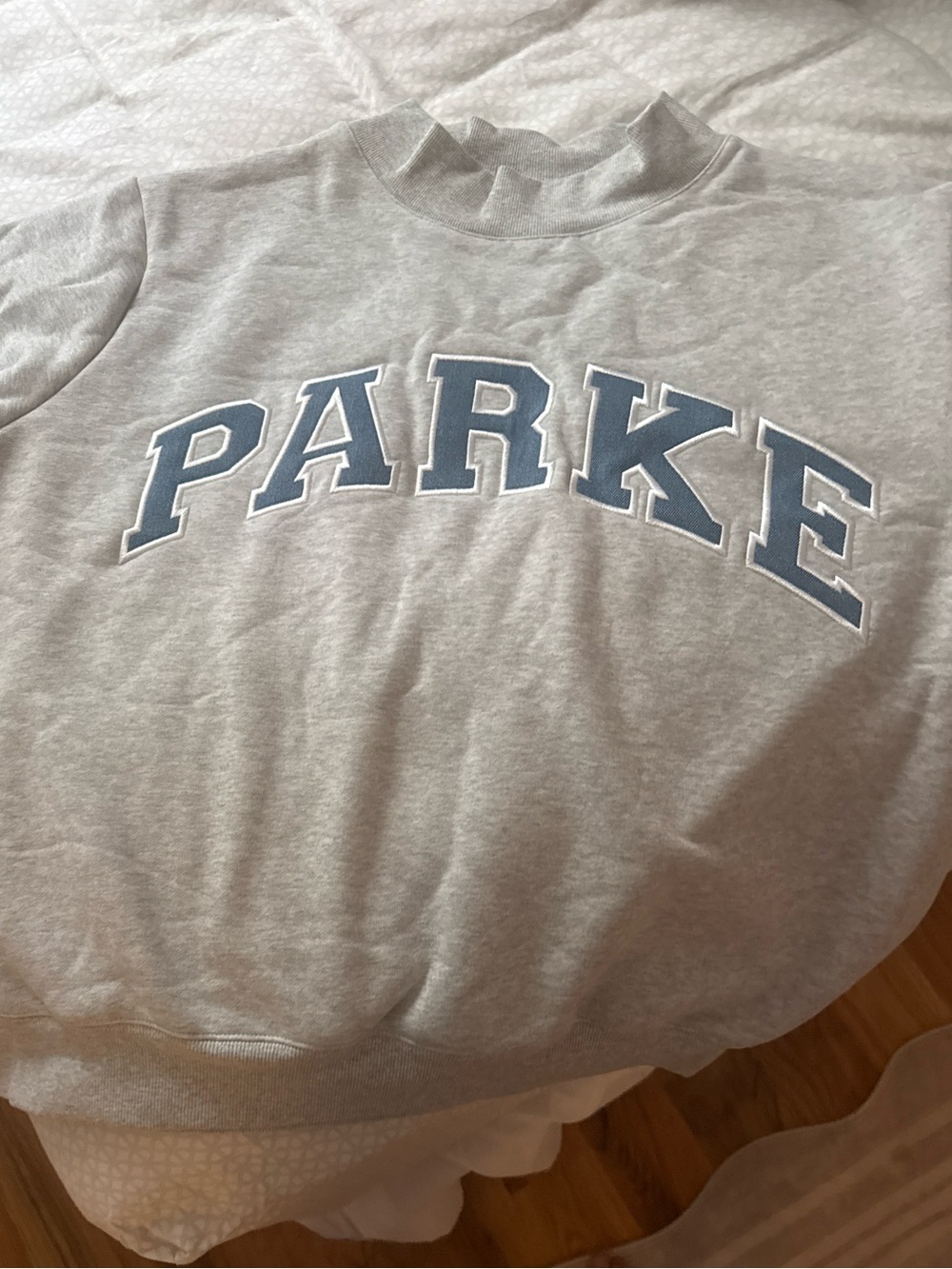Parker Gray Crewneck Sweatshirt with Light Blue Lettering